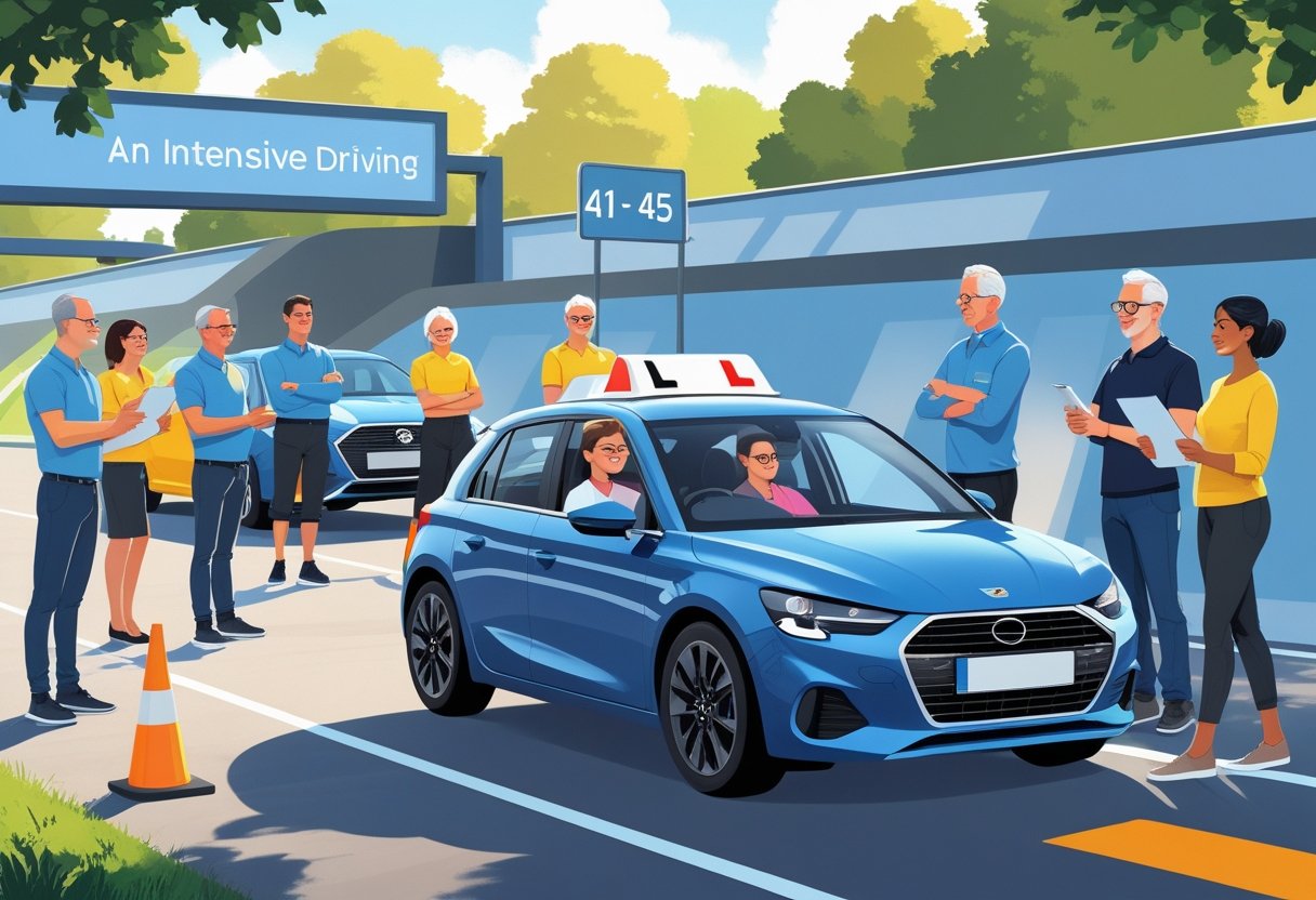 A group of adults aged 41 to 45 learning to drive in a driving school setting with an instructor and a car on a driving track.