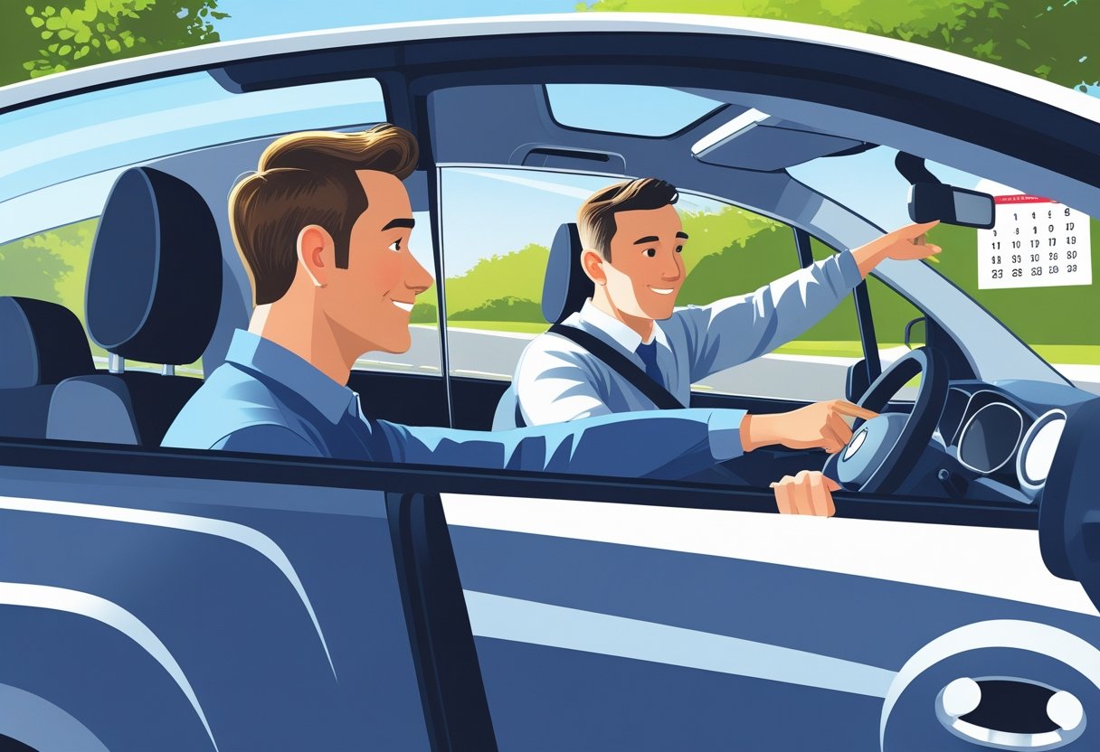 A man aged 41 to 45 learning to drive in a car with an instructor on a quiet suburban road.