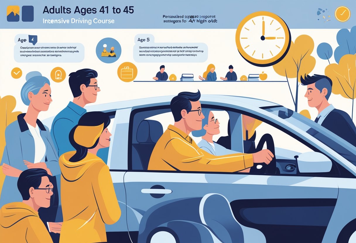 Adults aged 41 to 45 learning to drive with an instructor in a driving school setting, surrounded by symbols representing life challenges and support.