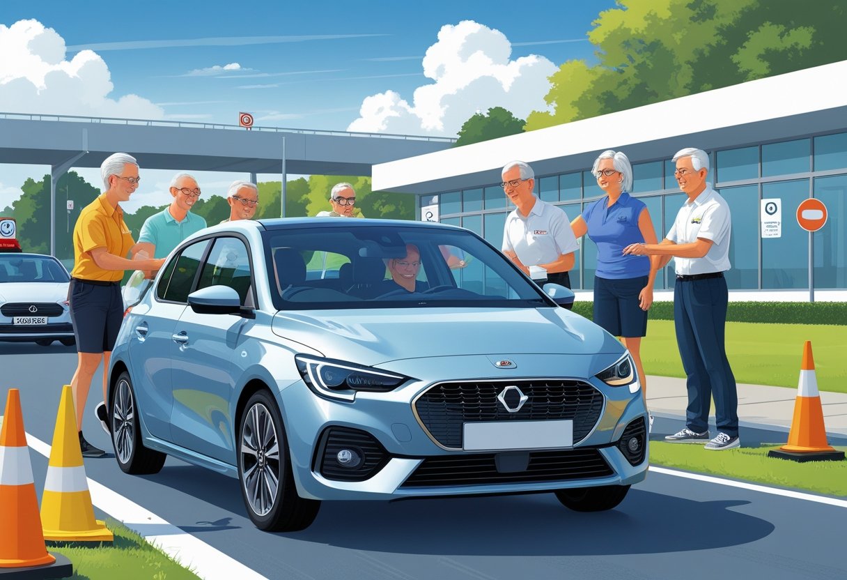 A group of adults aged 41 to 45 learning to drive with an instructor in a driving school practice area.