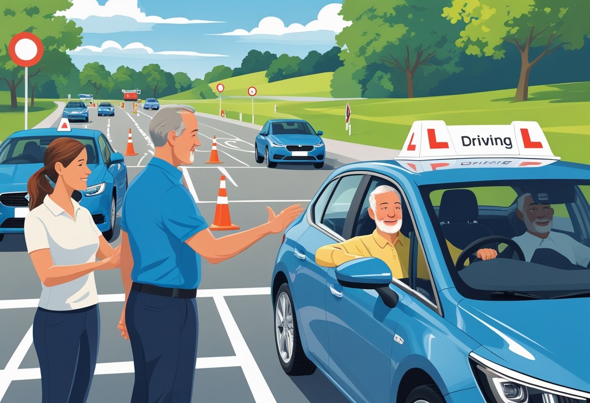 A group of middle-aged adults learning to drive with an instructor at a driving school course.