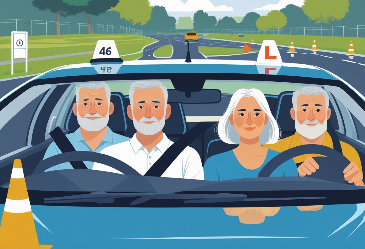 A group of adults aged 46 to 50 learning to drive with an instructor inside a car on a driving course.