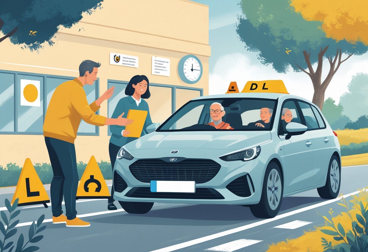 A middle-aged person receiving driving instruction from an instructor beside a car, with subtle symbols representing common challenges and a calm driving school setting.
