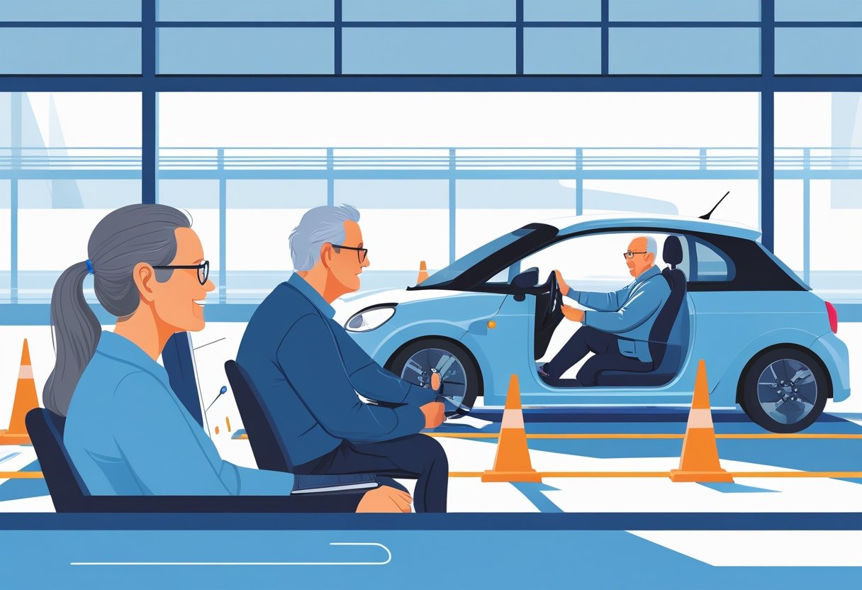 Middle-aged adults learning to drive in a driving school with an instructor guiding a learner in a car on a practice road.