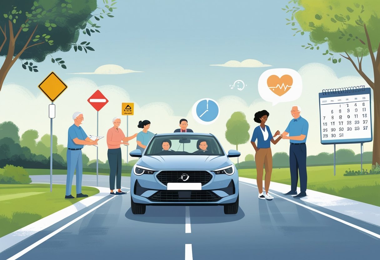 A middle-aged driving instructor helps a learner aged 51 to 55 practice driving on a quiet suburban road, with subtle symbols representing common challenges for this age group.