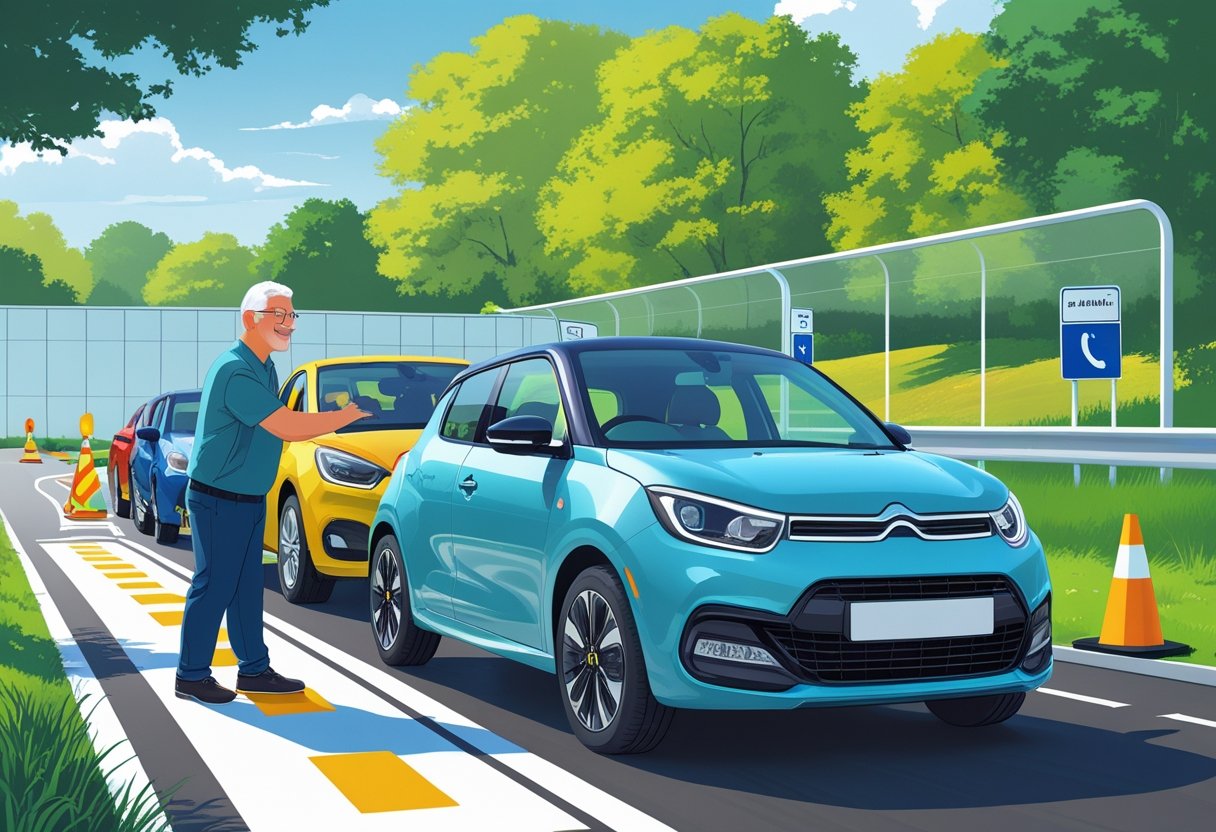 A group of middle-aged adults learning to drive with an instructor at a driving school, practicing on a driving track with cones and road signs.