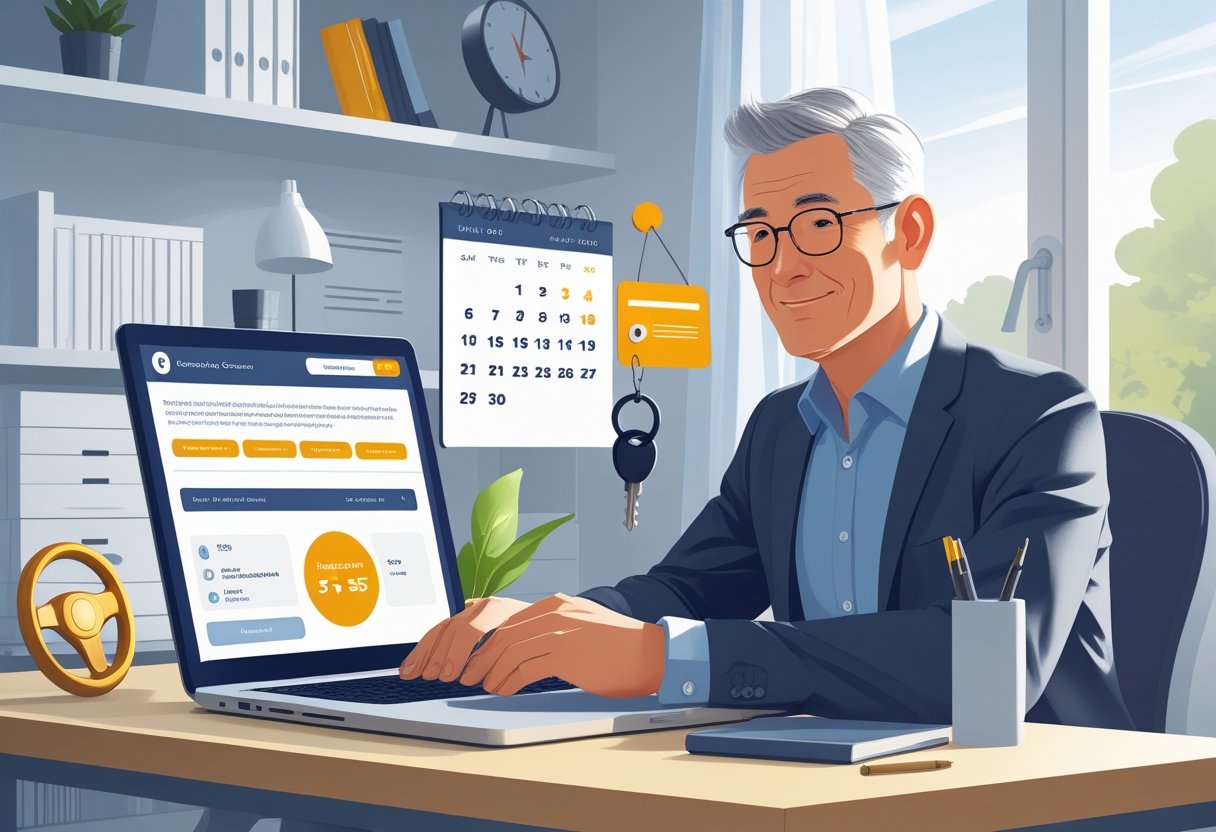 A middle-aged person sitting at a desk using a laptop to book an intensive driving course, with a car key and calendar nearby.