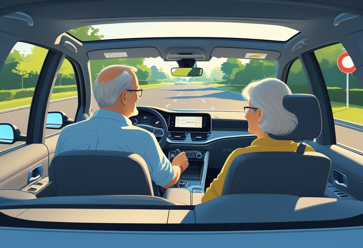 A mature man and woman in a car with a driving instructor on a quiet suburban road during a driving lesson.