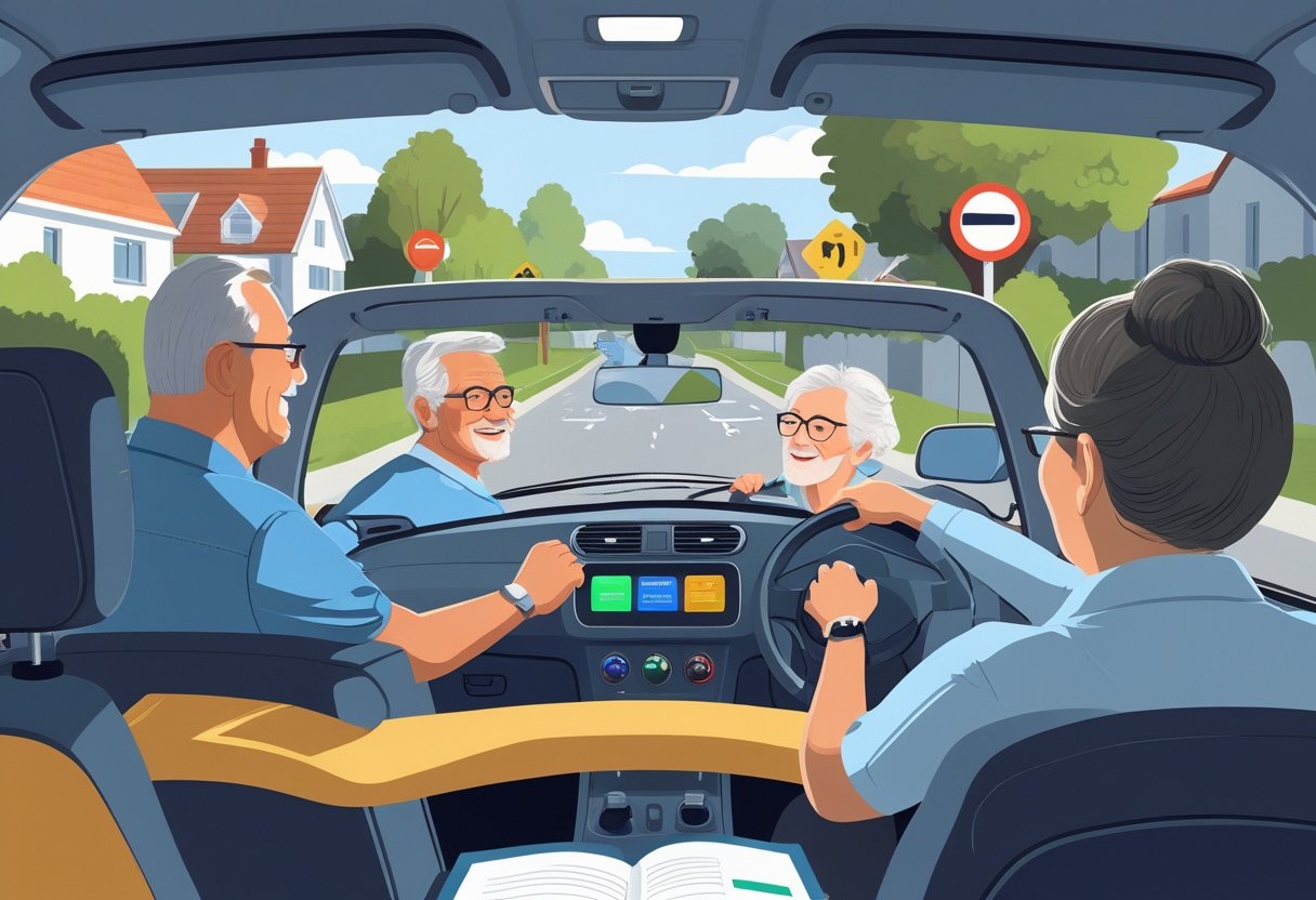 A group of middle-aged adults learning to drive with an instructor in a calm suburban setting.