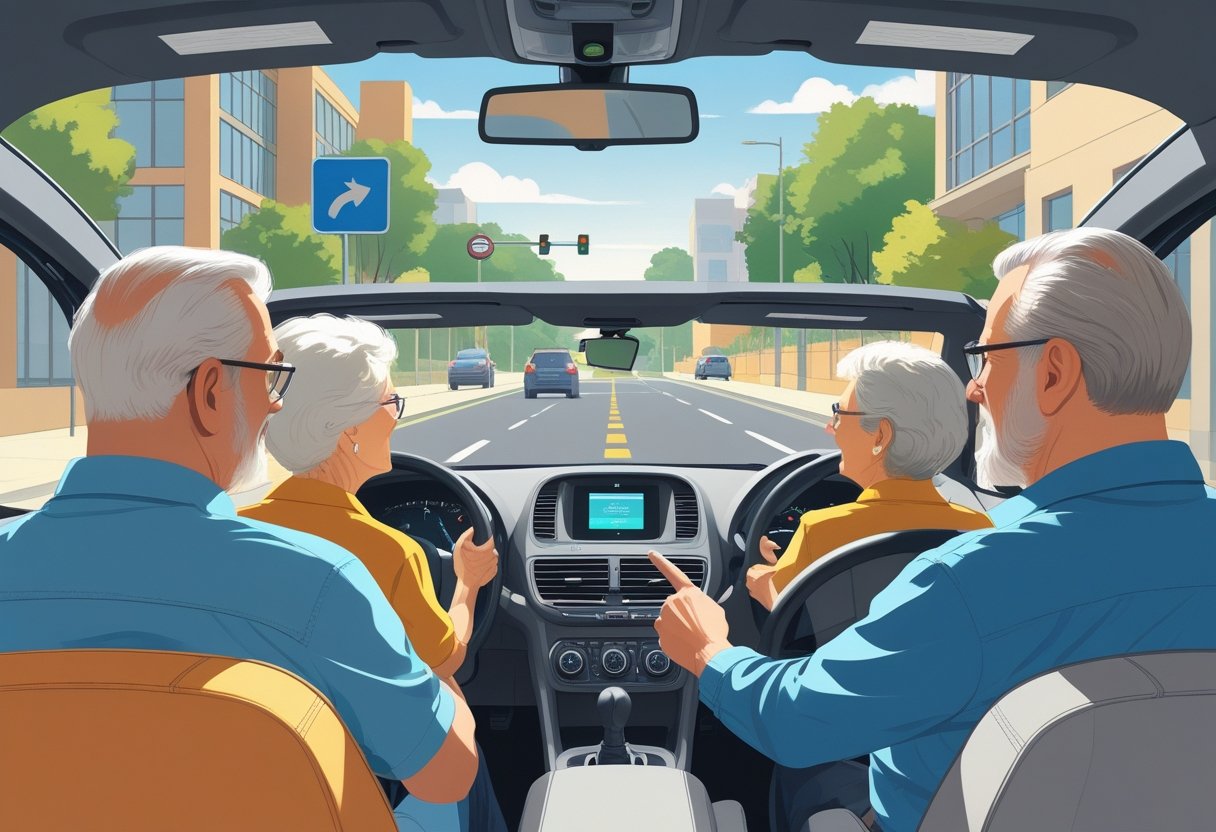 Two older adults receiving driving instruction from an instructor in a car on a sunny urban street.