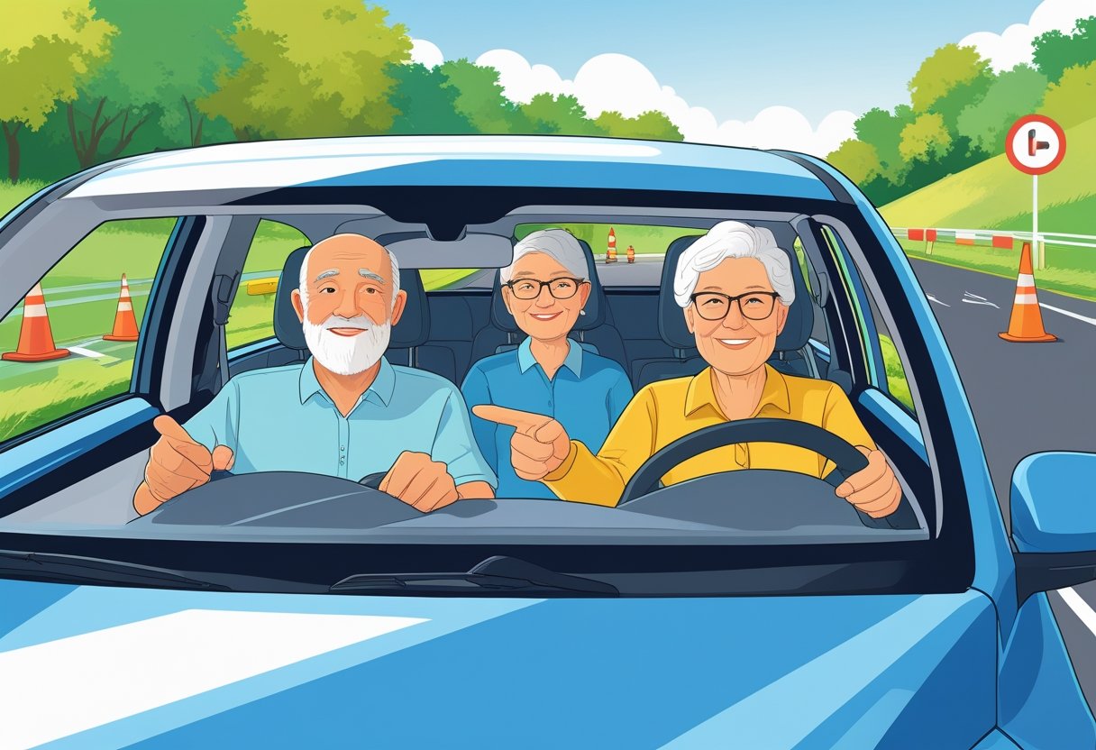 An older man and woman in a car with a driving instructor, practicing driving on a safe course with road markings and cones.