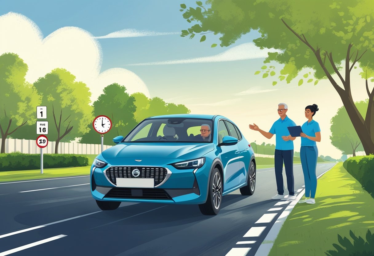 A mature driver aged 61 to 65 attentively driving a car on a suburban road with an instructor standing nearby, surrounded by symbols of learning and support.