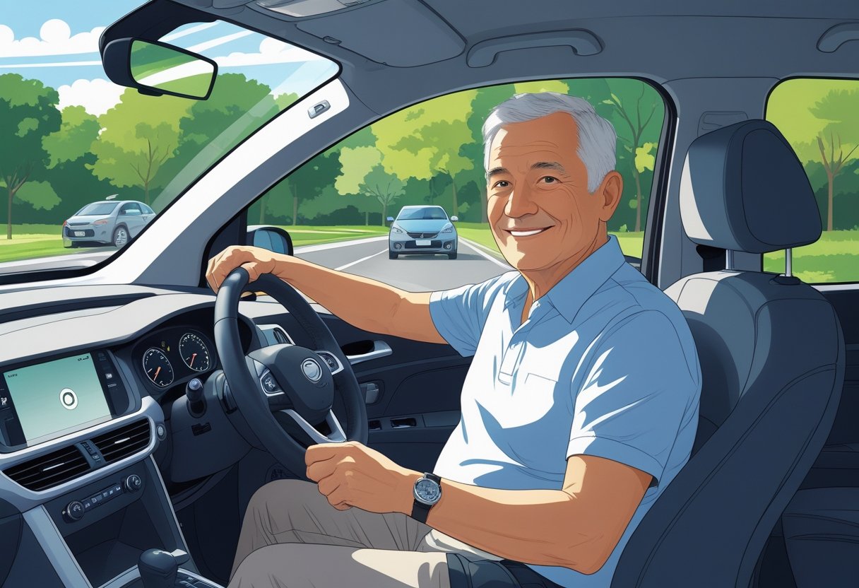 A mature person aged 61 to 65 driving a car on a quiet suburban road, looking calm and focused.