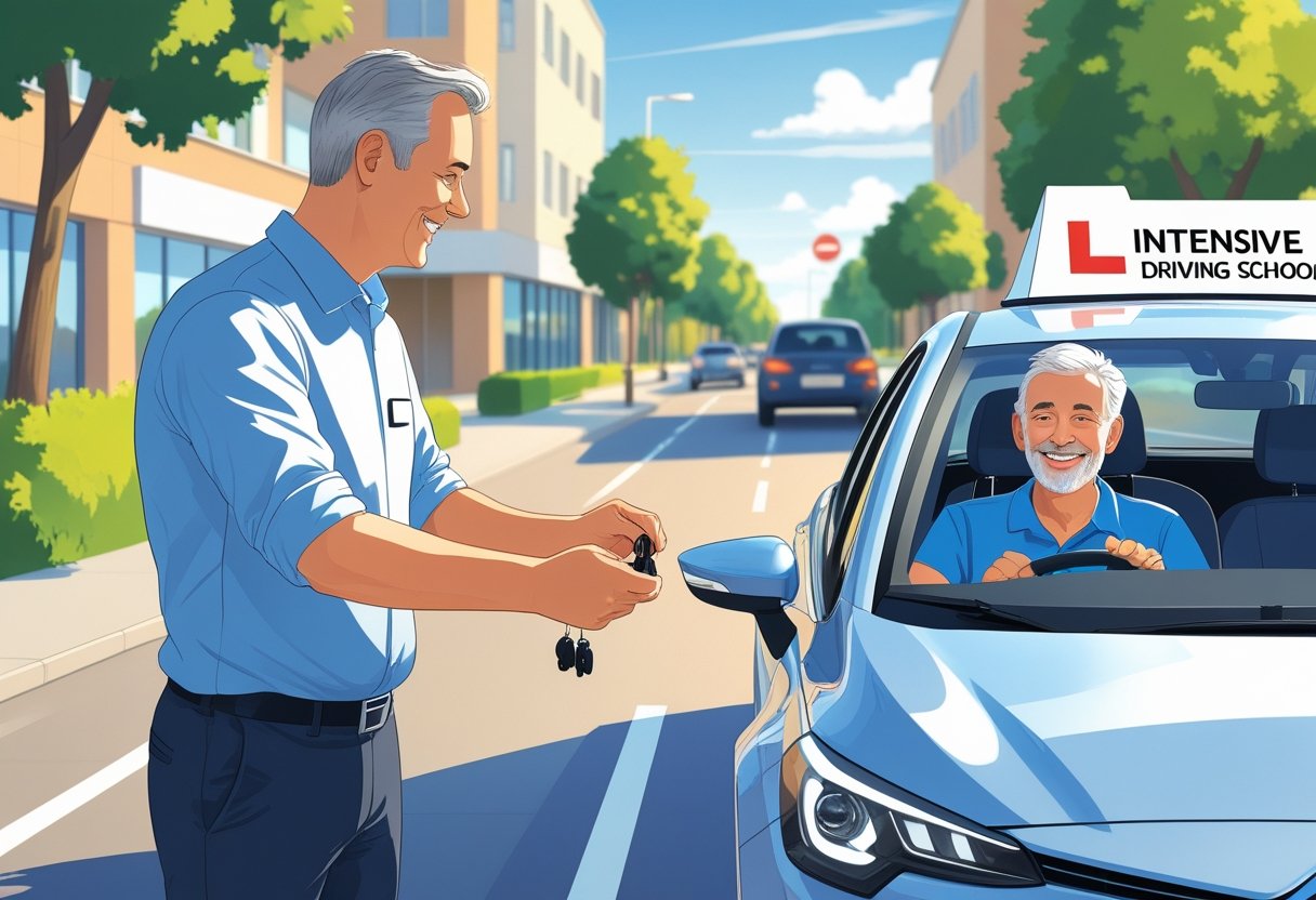 A mature driver aged 61 to 65 receiving instructions from a driving instructor next to a driving school car on a clear urban street.