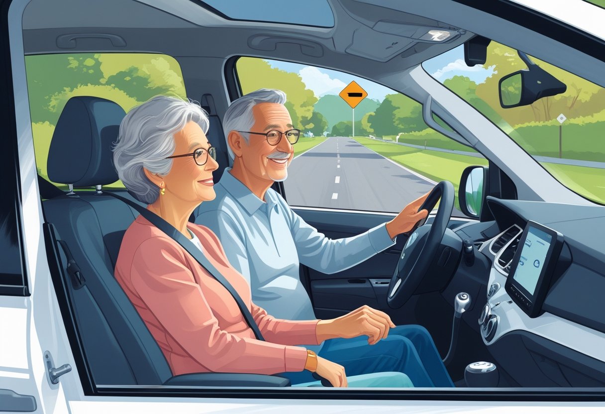 A mature couple receiving driving instruction inside a car on a quiet suburban road with a driving instructor guiding them.