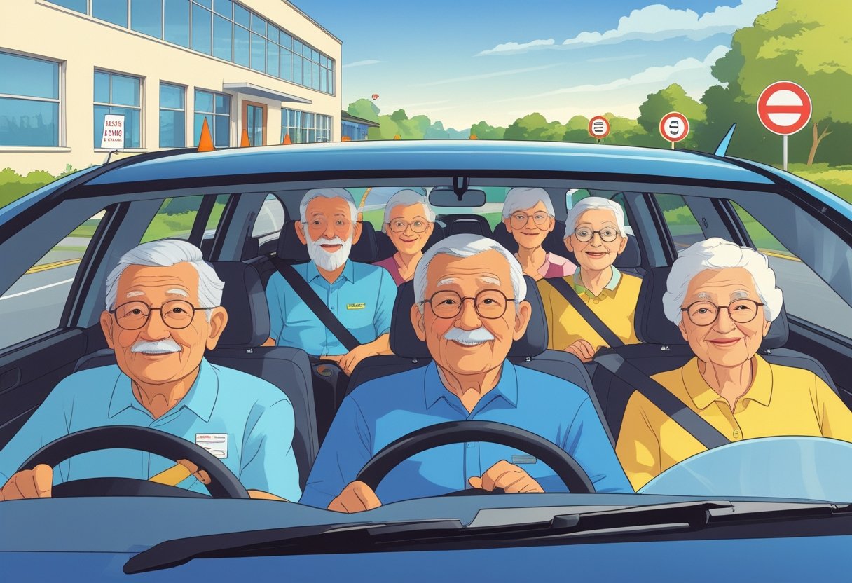 A group of elderly people aged 66 to 70 learning to drive with an instructor in a driving school setting.