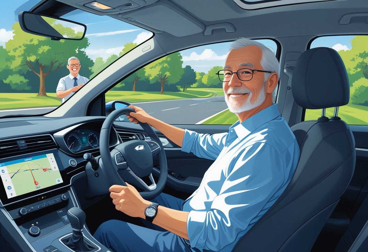 A senior driver aged 66 to 70 confidently driving a car with a driving instructor standing outside offering guidance on a quiet suburban road.