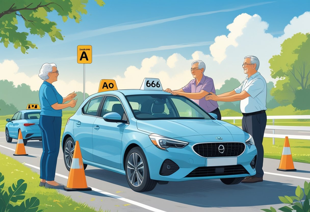 An older adult receiving driving instruction from an instructor in a car on a safe driving course outdoors.