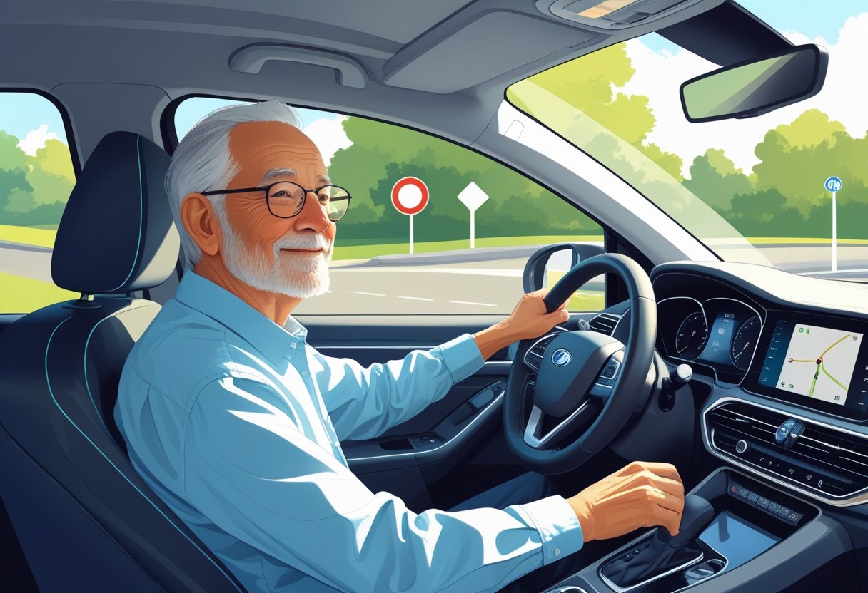 An elderly person driving a car on a sunny suburban street with a driving instructor beside them.