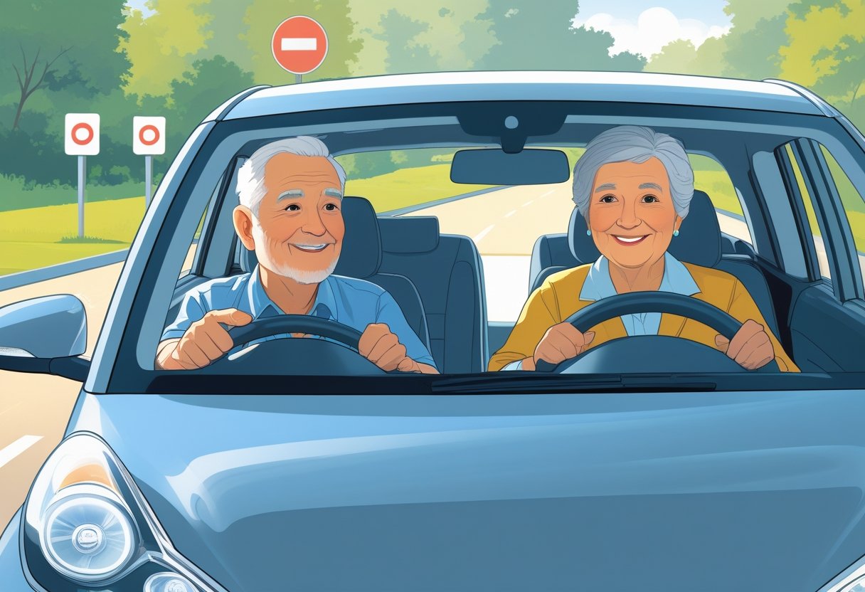 An older man and woman in a car with a driving instructor on a quiet suburban road, learning to drive safely.