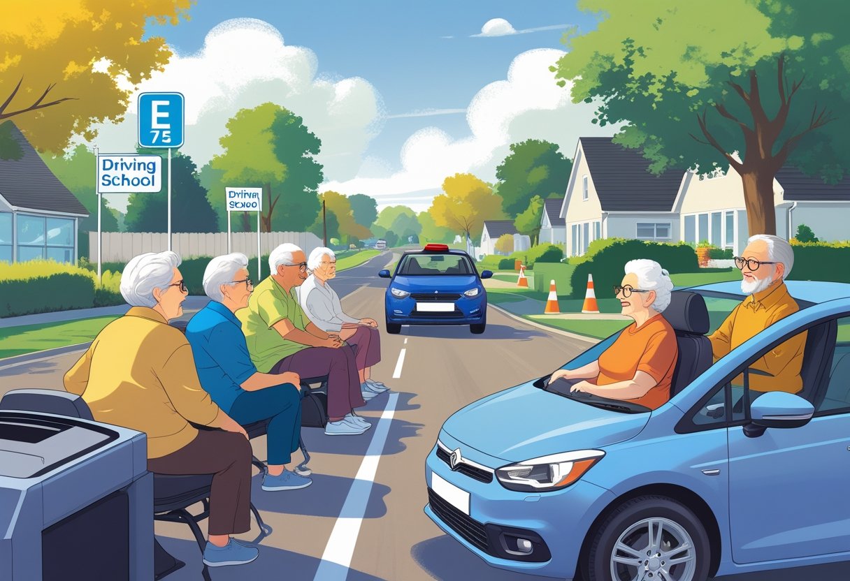A group of elderly people aged 71 to 75 learning to drive with an instructor in a calm outdoor driving school setting.