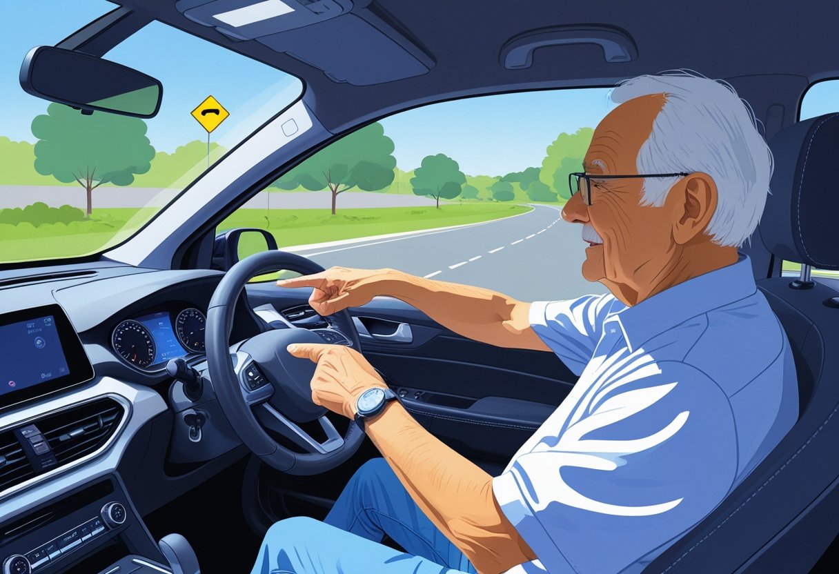 An elderly person driving a car with a driving instructor beside them, both focused and attentive during a driving lesson on a clear suburban road.