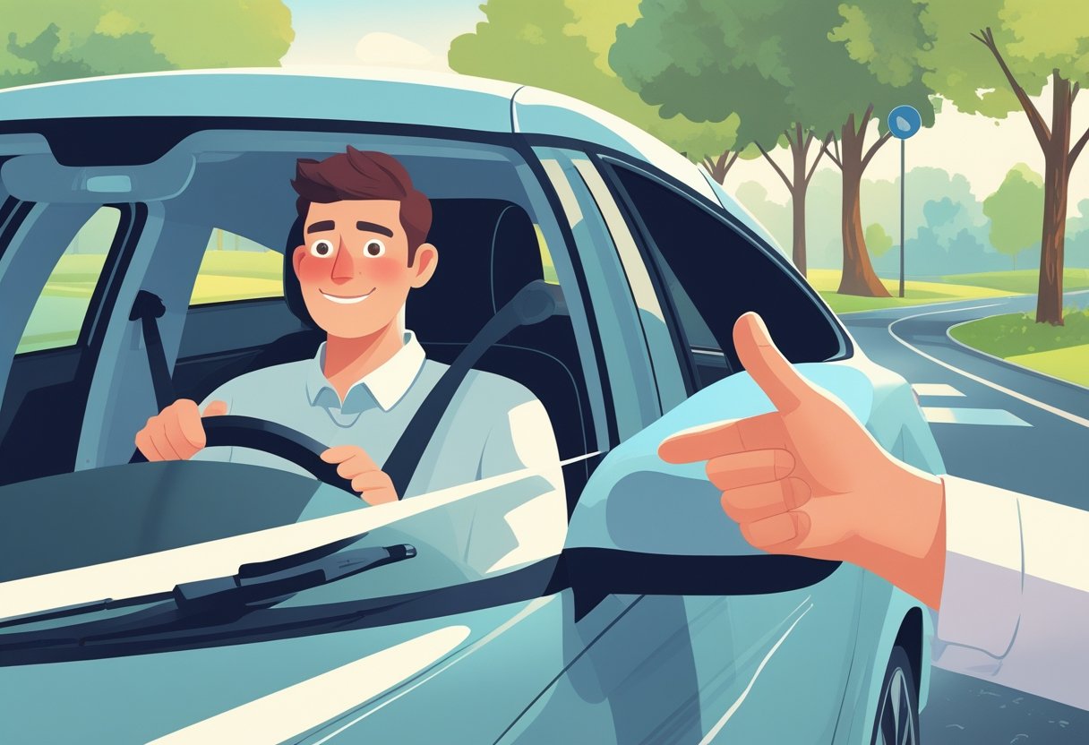 A learner driver sitting in a car with a driving instructor beside them in a quiet suburban area, both appearing calm and focused.