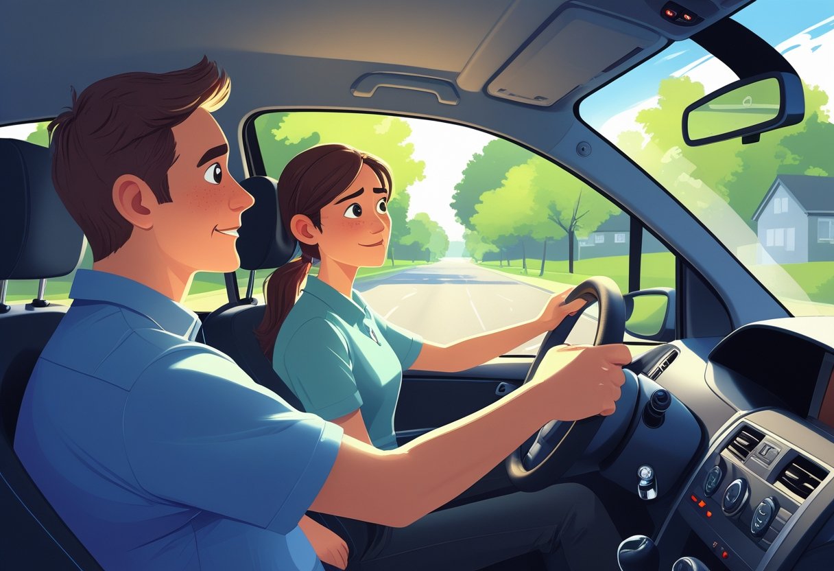 A driving instructor calmly guiding a young learner driver inside a car on a quiet suburban street.