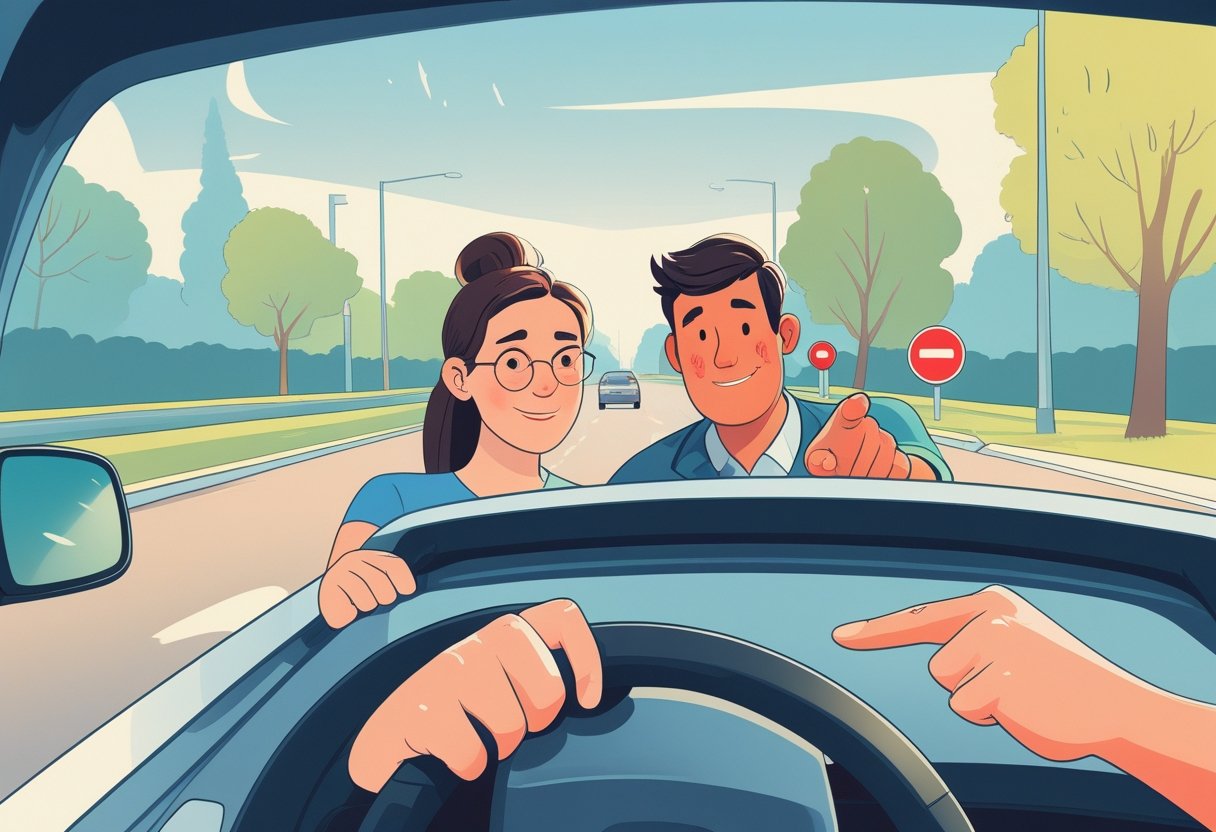 A learner driver and instructor in a car on a quiet suburban street, with the instructor giving guidance and the learner looking calm and focused.