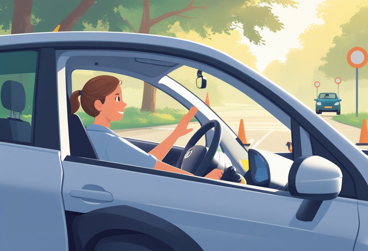 A learner driver sitting calmly in a car with a supportive instructor beside them on a quiet suburban street during a driving lesson.