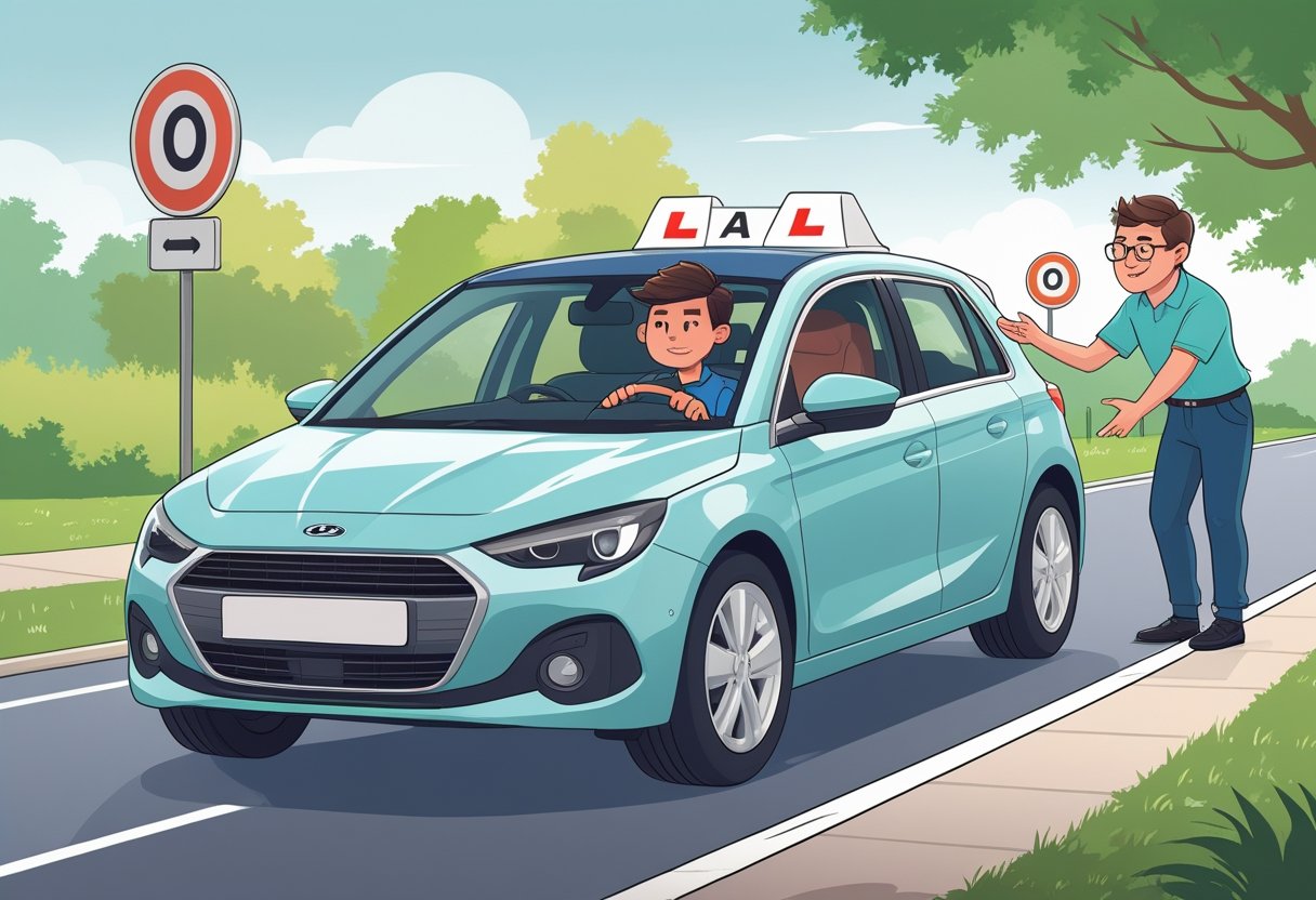 A learner driver sitting calmly in a car with a friendly instructor beside them on a quiet suburban street, showing a supportive driving lesson.