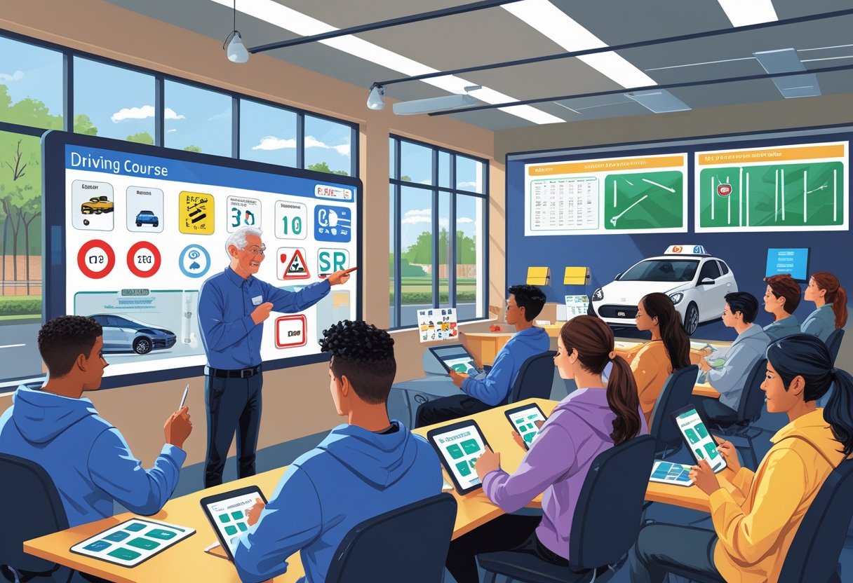 A group of people in a classroom learning to drive using visual aids and a driving simulator.
