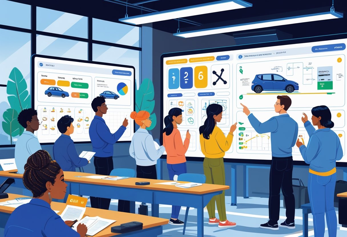 A group of diverse people in a classroom attentively learning about driving using visual aids and a digital screen with driving diagrams.
