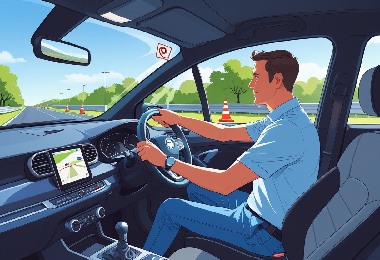 A learner driver and instructor in a car on a driving course with traffic cones and road markings.