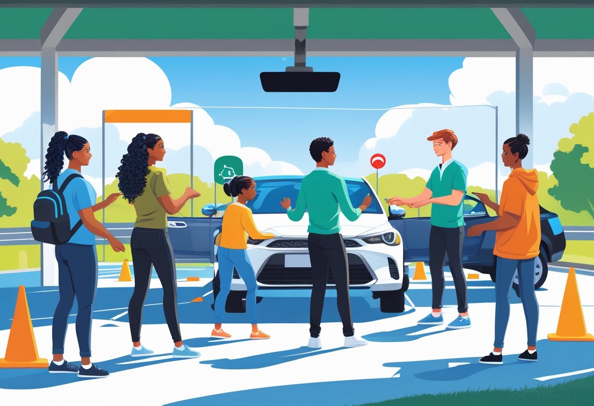 A group of people practicing driving skills with an instructor in a driving school setting.