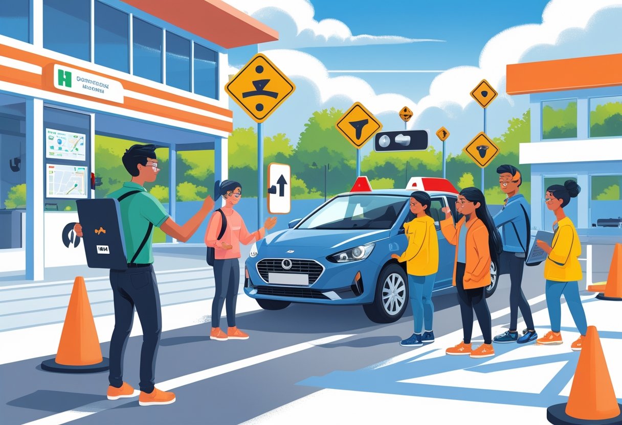 A driving instructor helping a learner driver practice in a car with road signs and driving obstacles nearby.