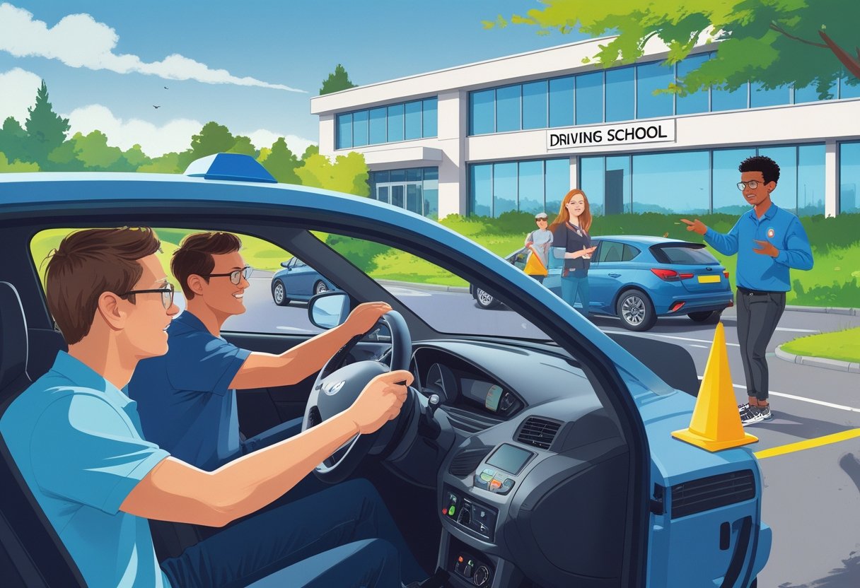 A driving instructor teaches a group of learners practical driving skills with one student driving a car and another practising parking outside in a driving school setting.