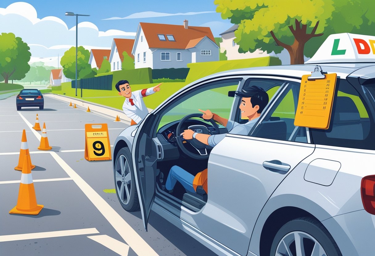 A young person in a car receiving driving instruction from an instructor in a parking lot with cones and a suburban street in the background.