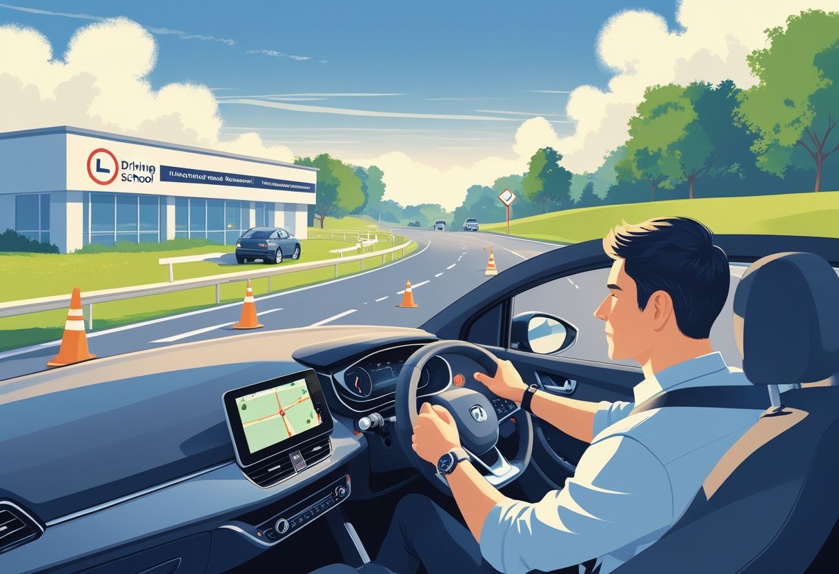 A driver and instructor in a car on an open road with traffic cones and road signs, practicing driving confidently.