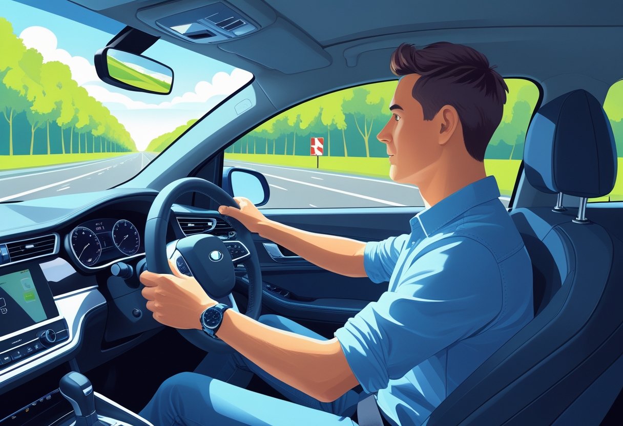 A confident adult driver focused on driving a modern car on a clear sunny road with trees alongside.