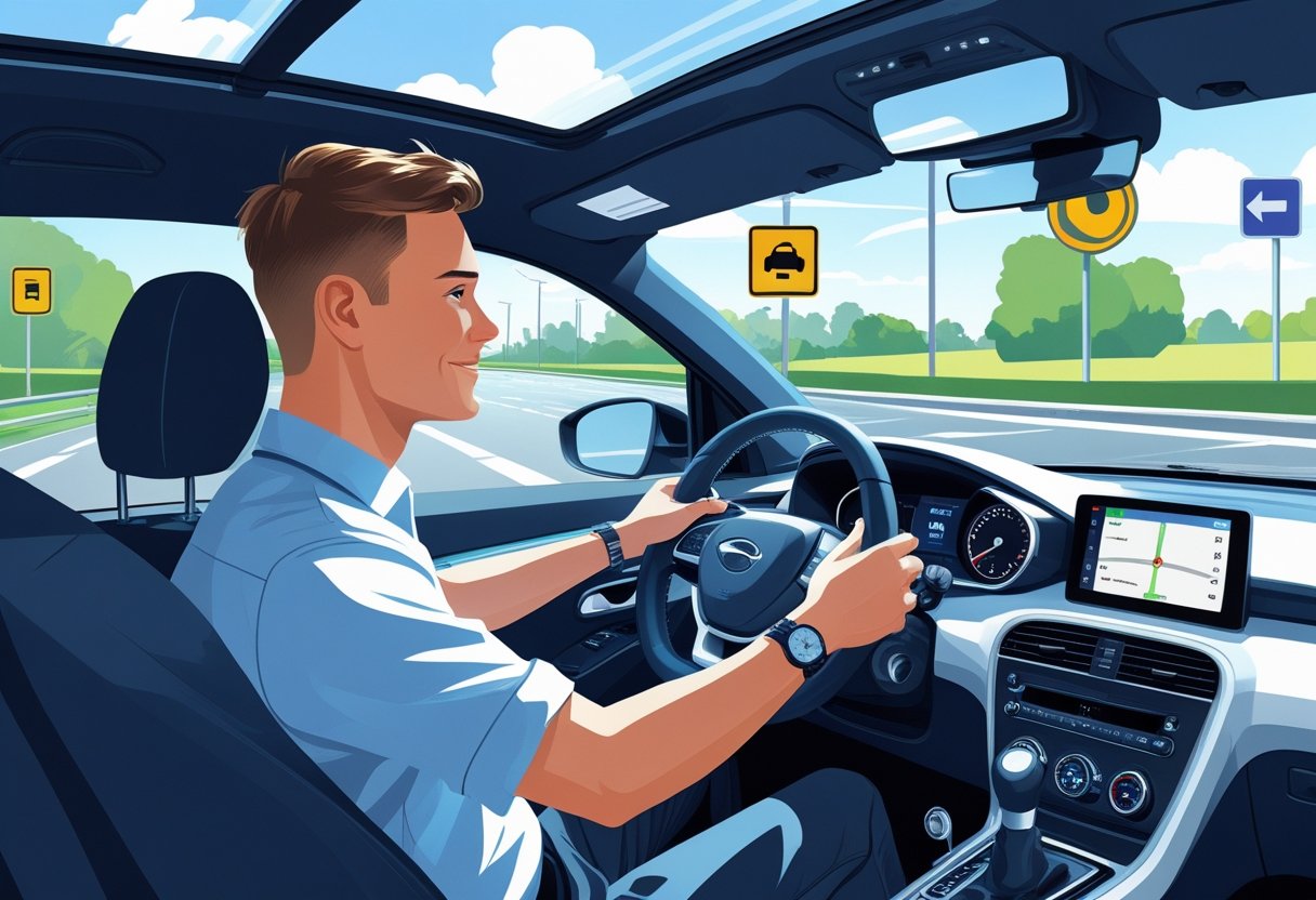 A confident driver and instructor in a driving school car on a clear urban road during a driving lesson.