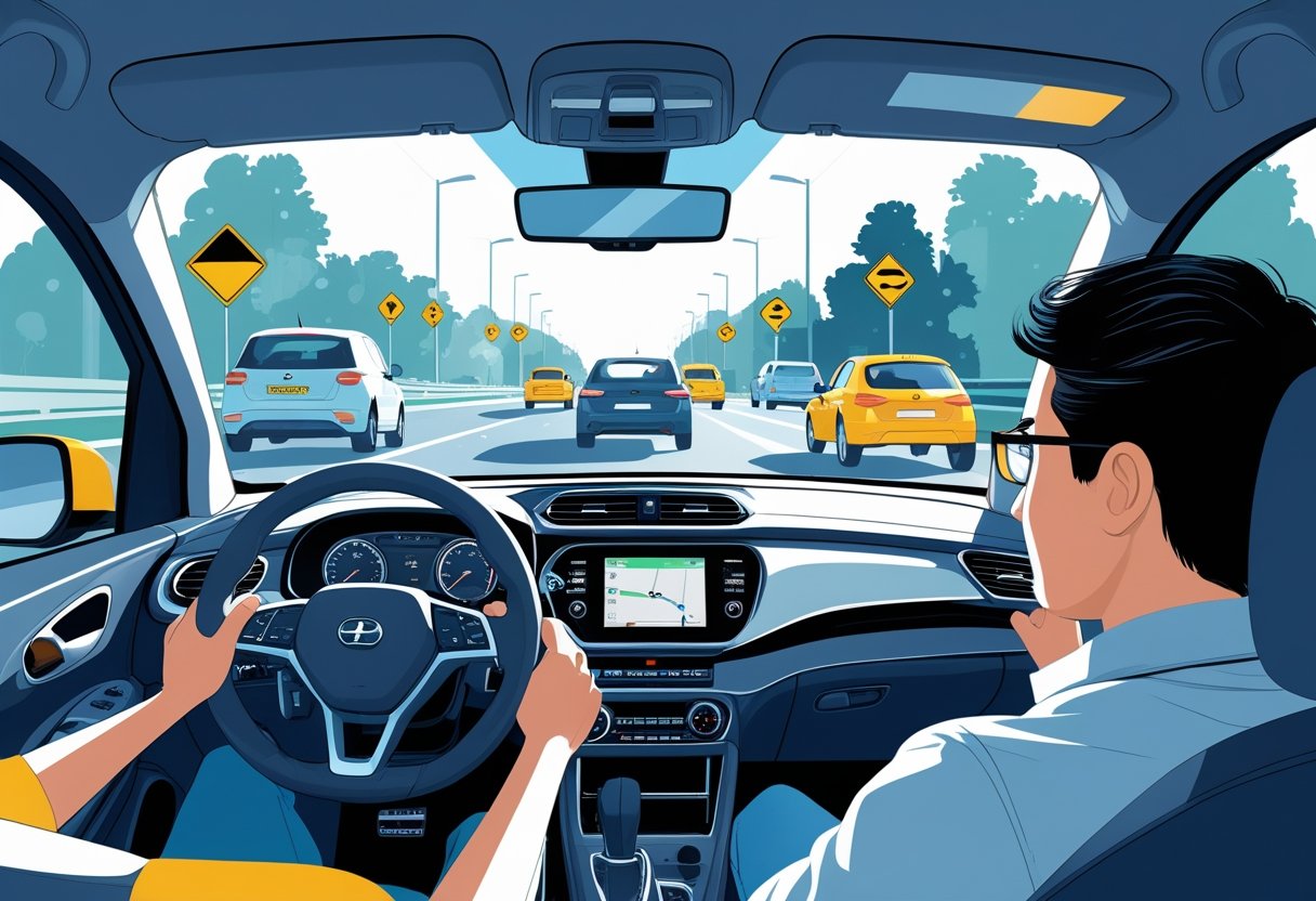 A driver confidently controlling a car on a busy road while a driving instructor provides guidance from the passenger seat.