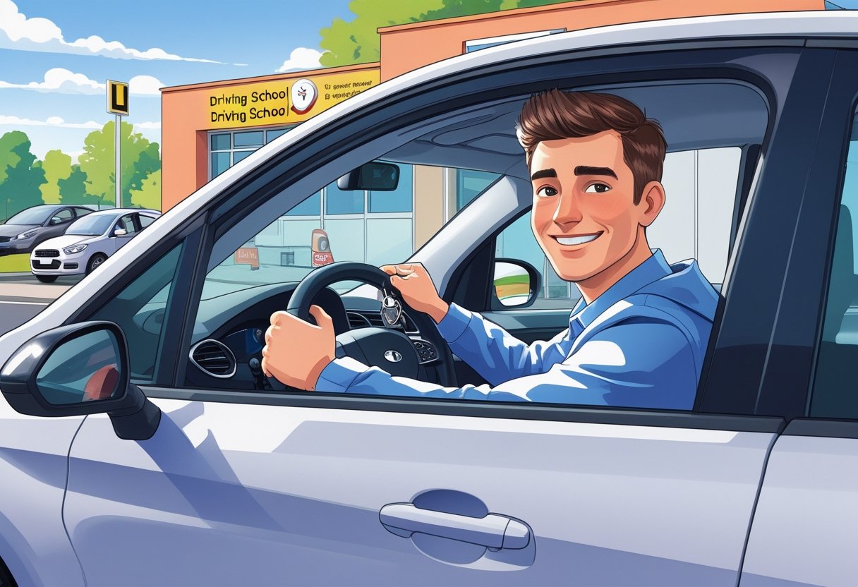 A confident young driver sitting inside a car with a driving instructor standing outside, ready to begin an intensive driving course at a driving school.
