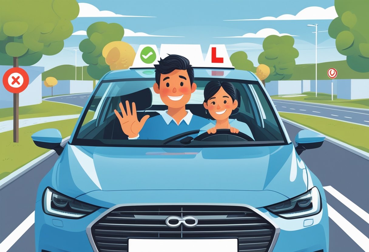 A young person driving a car with a friendly instructor beside them on a sunny suburban street, both looking relaxed and confident.