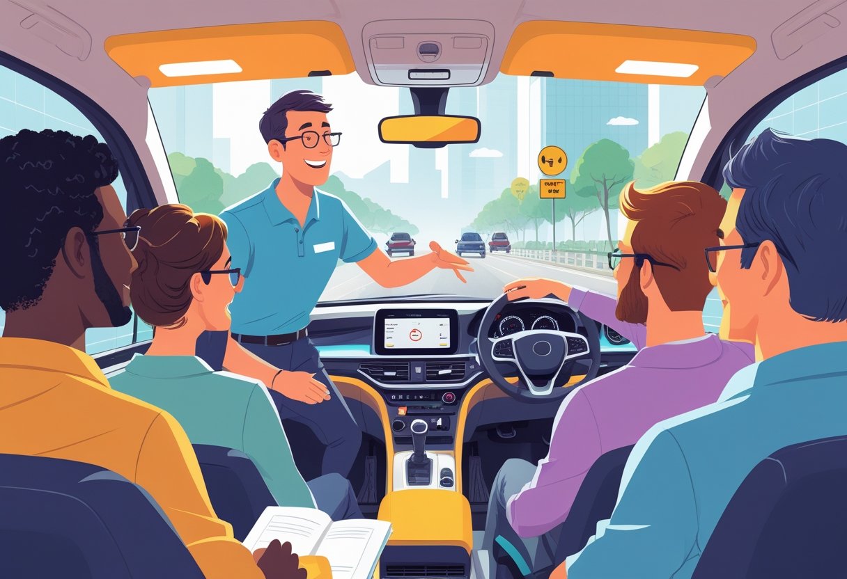 A group of adults in a classroom learning driving skills with a patient instructor using a car dashboard simulator.