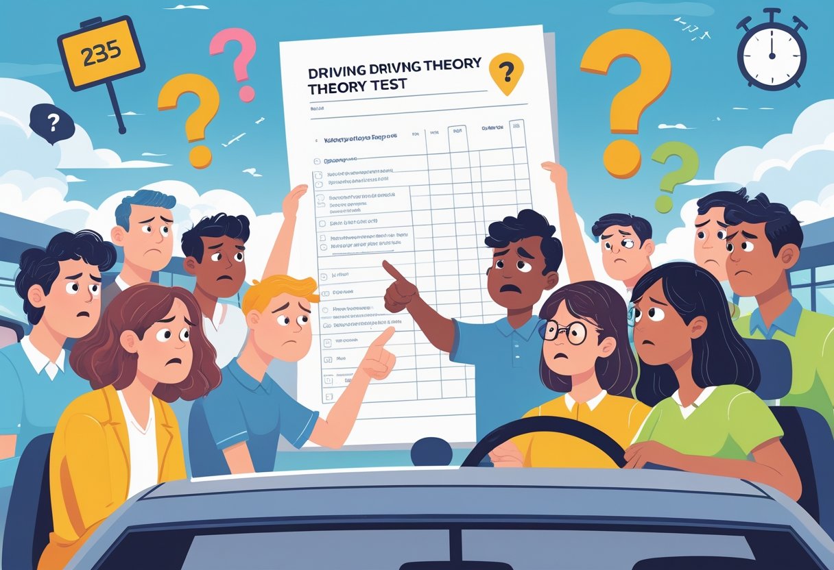 A group of people looking worried while a driving instructor helps them understand a driving test, with symbols of stress and learning around them.