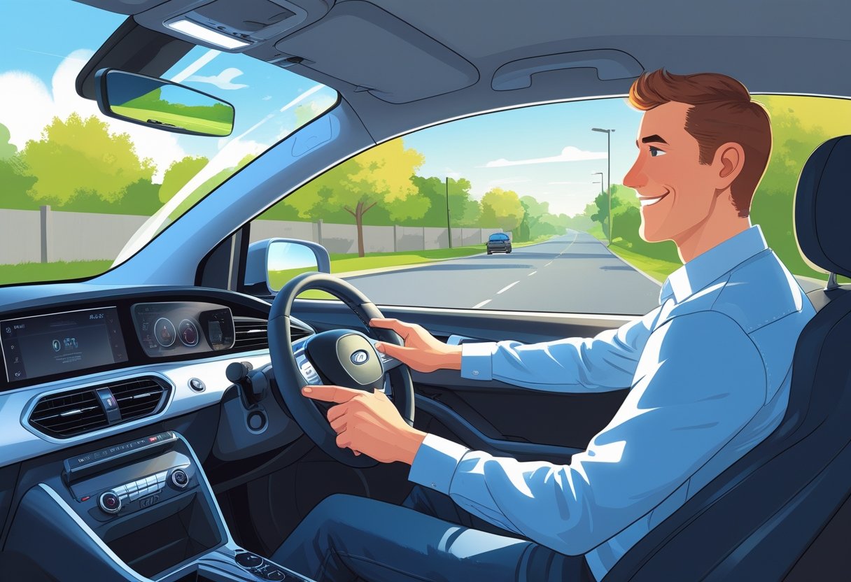 A young adult driving a car with a friendly instructor beside them on a sunny suburban road.