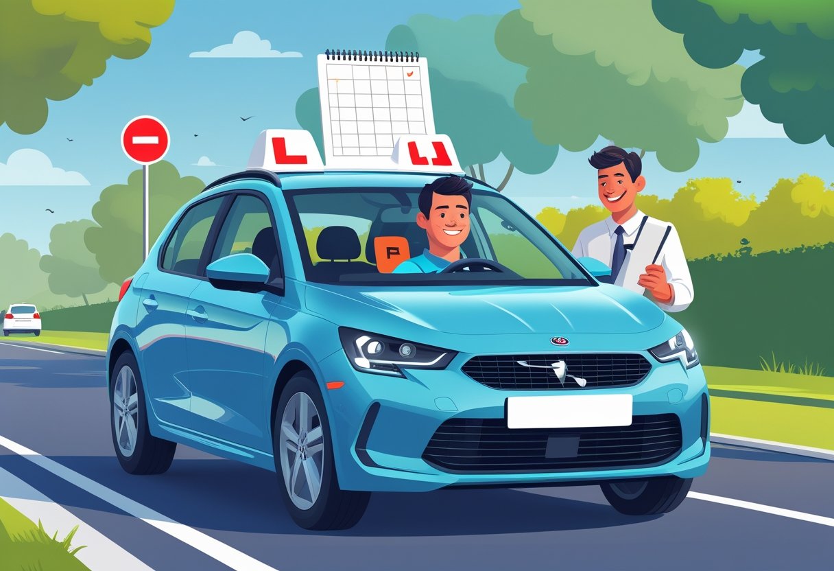 A young adult driving a car with a driving instructor beside them on a quiet suburban road, showing a calm and supportive learning environment.