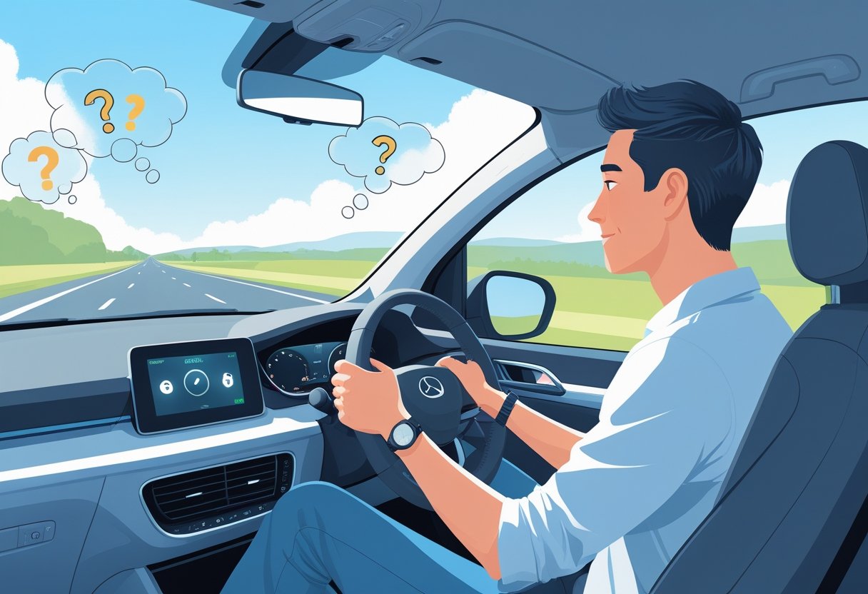 An adult learner sitting calmly in a car, looking confident with thought bubbles fading away around them, driving on a clear open road.