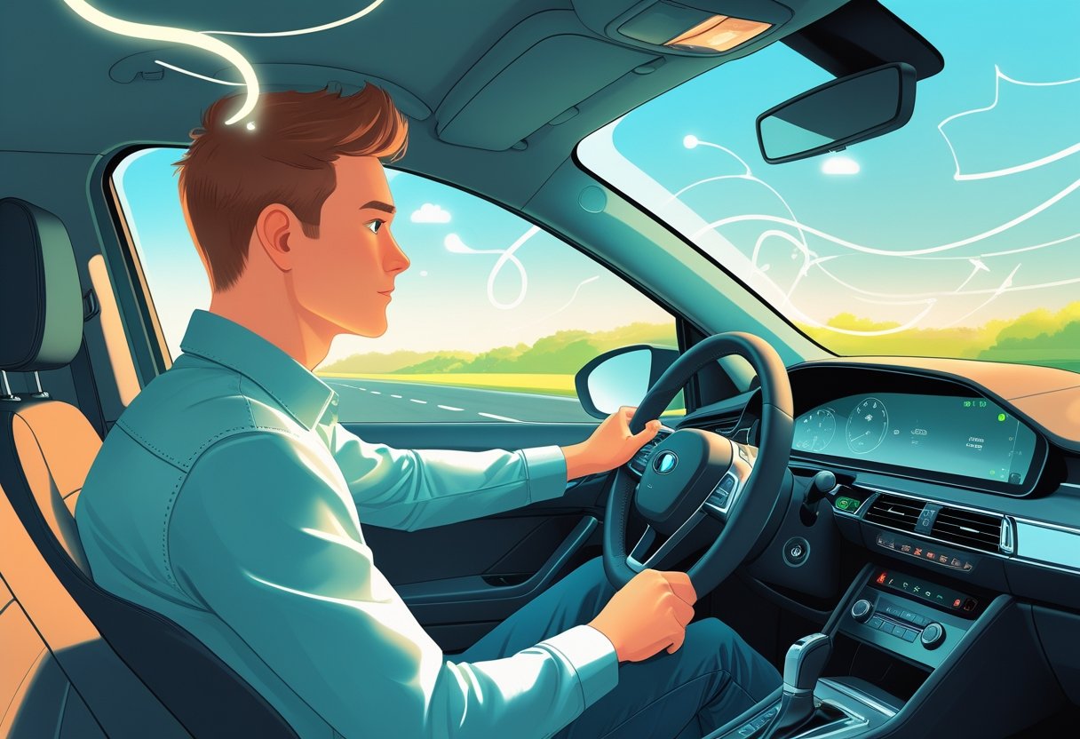 A young adult calmly driving a car on a clear road, surrounded by subtle visual elements representing thoughts becoming focused and clear.